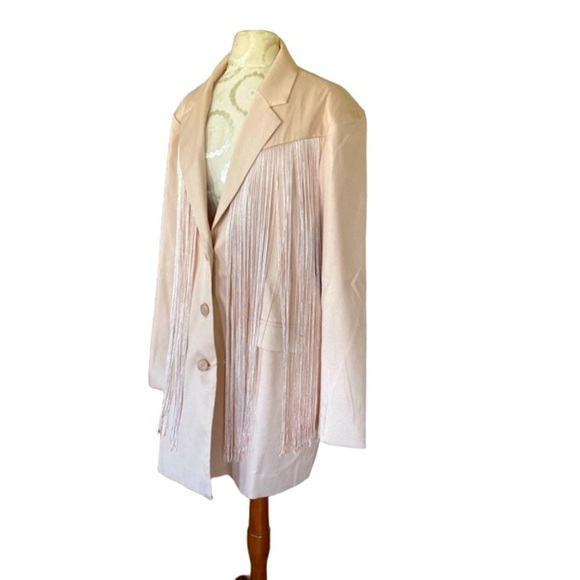 NWT Boohoo Tassel Fringe Crepe Blazer Mini Dress Sand Bohemian Sexy Size 10 - Picture 6 of 14